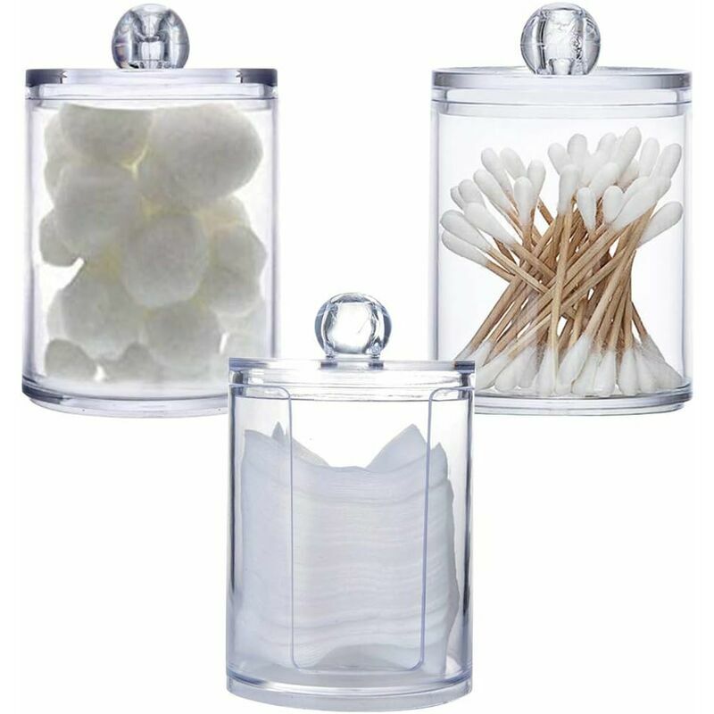 Soleil - 3 Pack Clear Acrylic Makeup Holder for Cotton Balls, Cotton Swabs and Cotton Swabs for Bathroom, Makeup Storage Jar, Cotton Ball Storage
