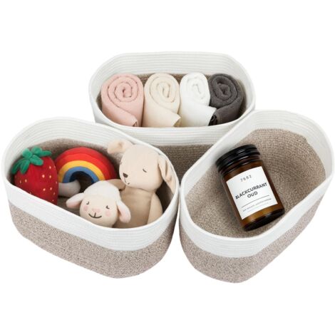 3-Pack Cotton Rope Storage Baskets 29x26x22cm Foldable Collapsible Organizer Slim Waschbar Bins for Bathroom Towels Baby Clothes Blankets Vanity Closet Nursery (Beige-White)
