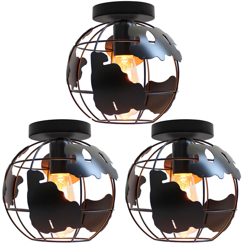 3 Pack Creative Retro Ceiling Light Industrial Vintage Chandelier Iron Metal Cage Ceiling Lamp E27 for Home Restaurant Bedroom Office (Black)