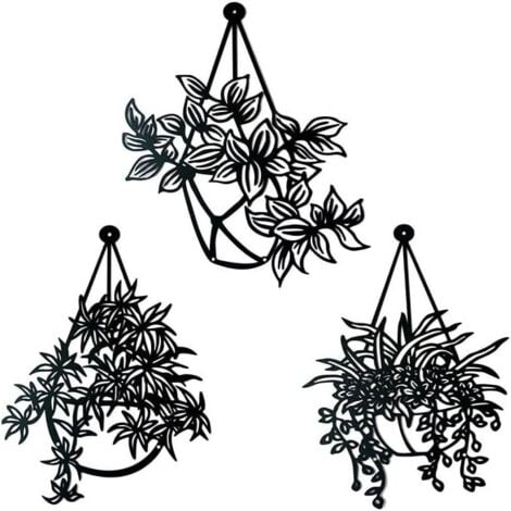 3-Pack Hanging Metal Flower Wall Art plant black flower wall art for patio balcony garden, kitchen living room bathroom bedroom decorations, bathroom wall