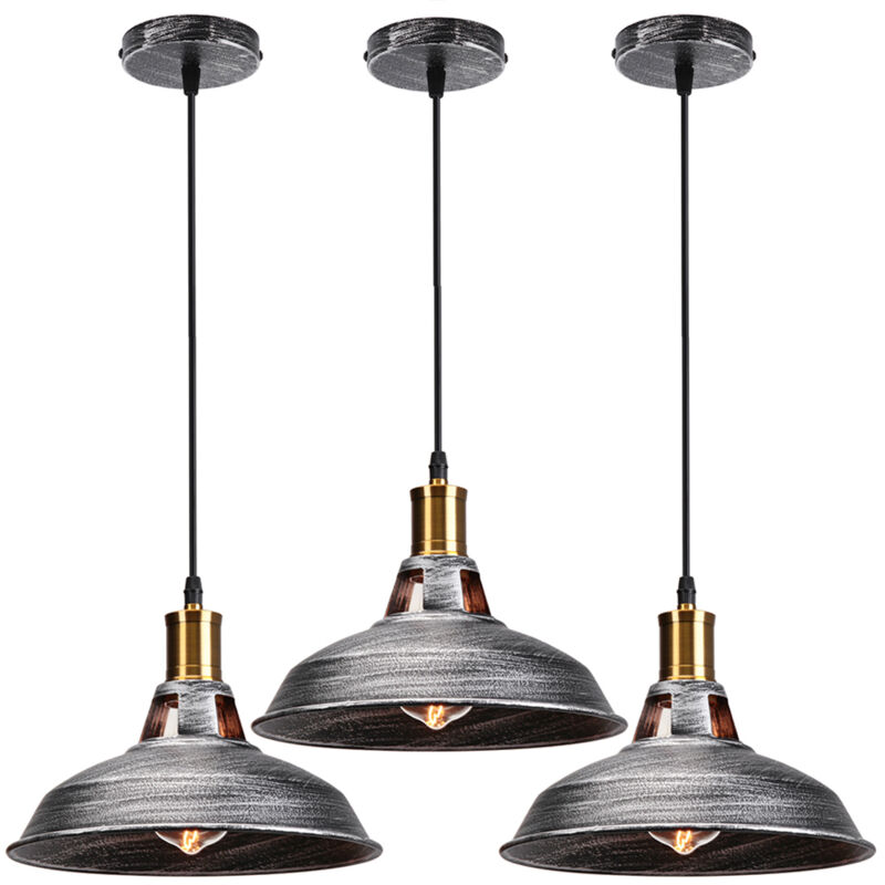 3 Pack Industrial Pendant Light Metal Iron Hanging Pendant Light for Kitchen Restaurant Bar Balcon Ø 27cm Silver