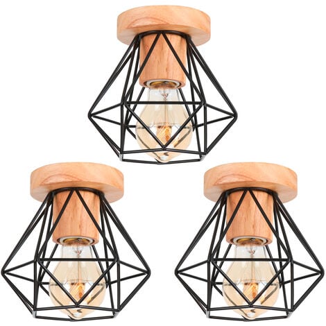AXHUP 3 Pack Lámpara de Techo Vintage Retro E27 Lámpara Colgante Jaula de Diamante de Metal y Madera para Sale Escaleras Dormitorio Negro