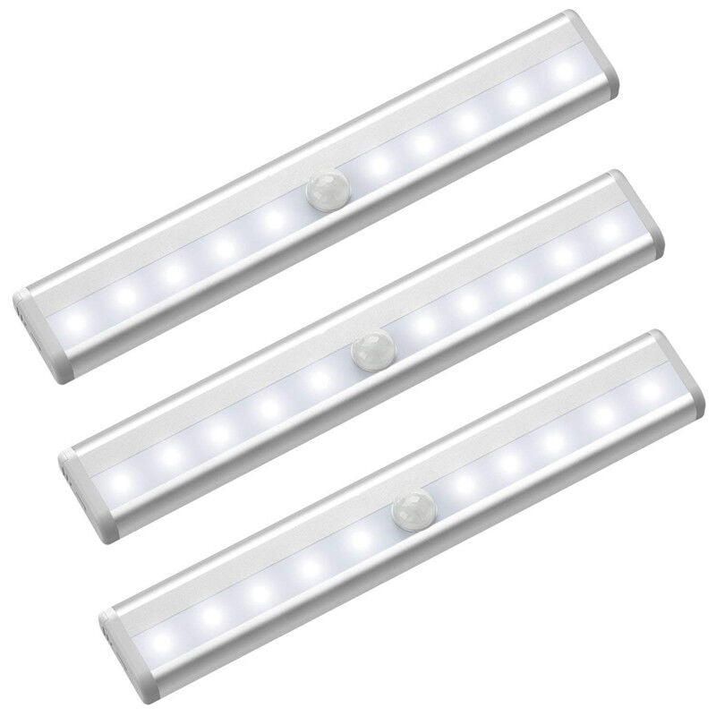 3 Pack LED Cabinet Lights with Motion Sensor, 10 LED Spotlights Wireless, LED Lights for Wardrobe, Battery Powered LED Lighting with Magnetic Strips,