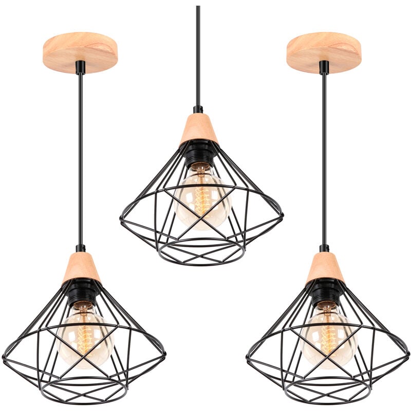 3 Pack Lustre Suspension Cage Design en Métal et Bois Rétro Lampe Plafonnier Luminaire pour Chambre Couloir Escalier Noir