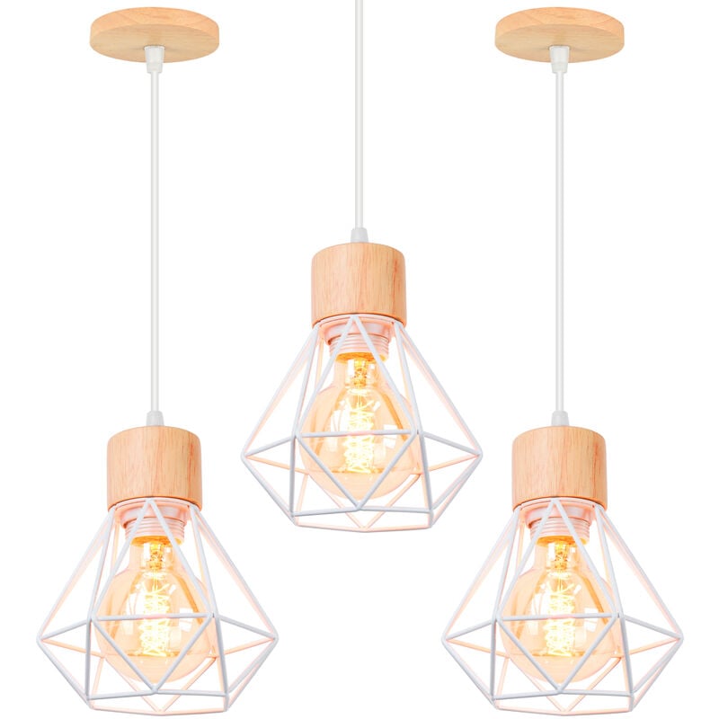 3 Pack Lustre Suspension Cage Diamant en Métal E27 Plafonnier Luminaire en Bois Blanc