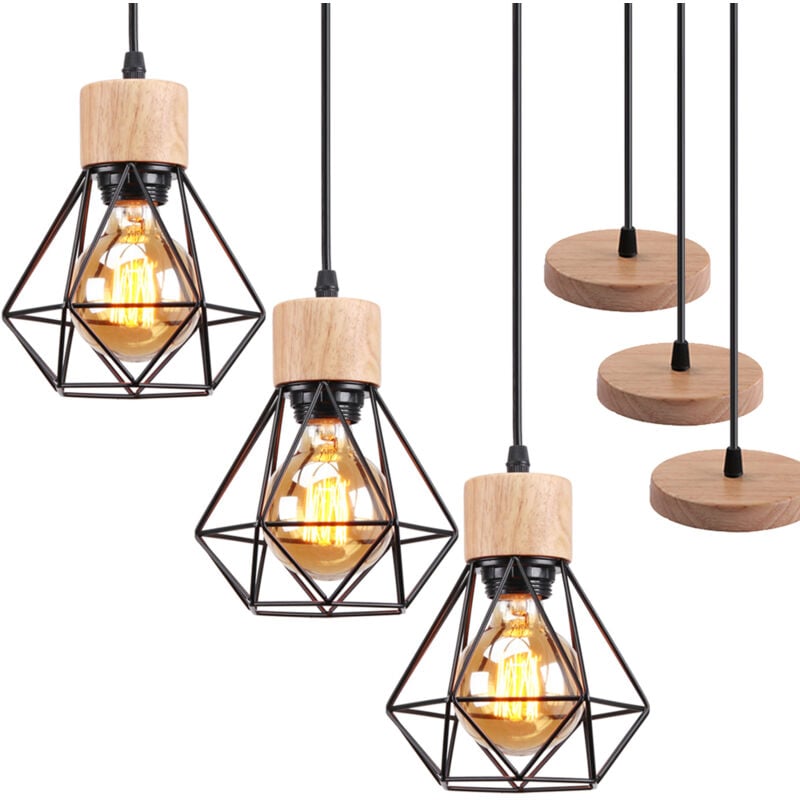 3 Pack Lustre Suspension Cage Diamant en Métal E27 Plafonnier Luminaire en Bois Noir