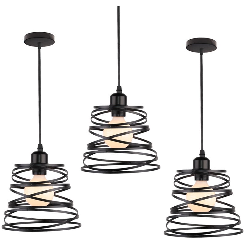 3 Pack Lustre Suspension E27 20cm Lampe de Plafond Cage Métal Rétro Vintage Industrielle Noir