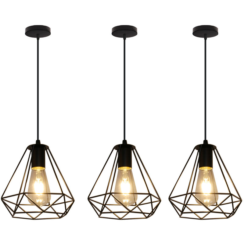 3X Pendant Light Black, Vintage Industrial Ø20cm Diamond Shape Hanging Ceiling Lamp Fixture Industrial Metal Chandelier with Cage Lampshade for