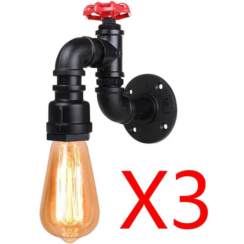 Axhup - 3pcs Vintage Wall Light, Industrial Water Pipe Wall Lamp, Simple Wall Sconce E27 Fixtures for Bedside Living Room (Black)