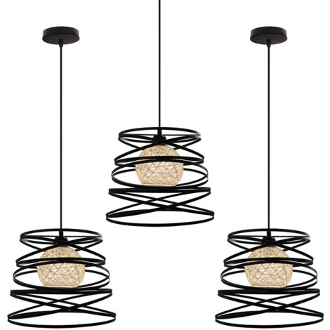 3 Pack Suspension Luminaire Fer Abat-jour Forme de Ressort 30cm Plafonnier Lustre E27 40W Noir