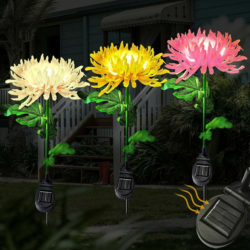 3 Packs Solar Flower Lights,LED Solar Chrysanthemum Light IP65 Waterproof Outdoor,Auto On/Off,Solar Flower Light Lamp Landscape Artificial Flower