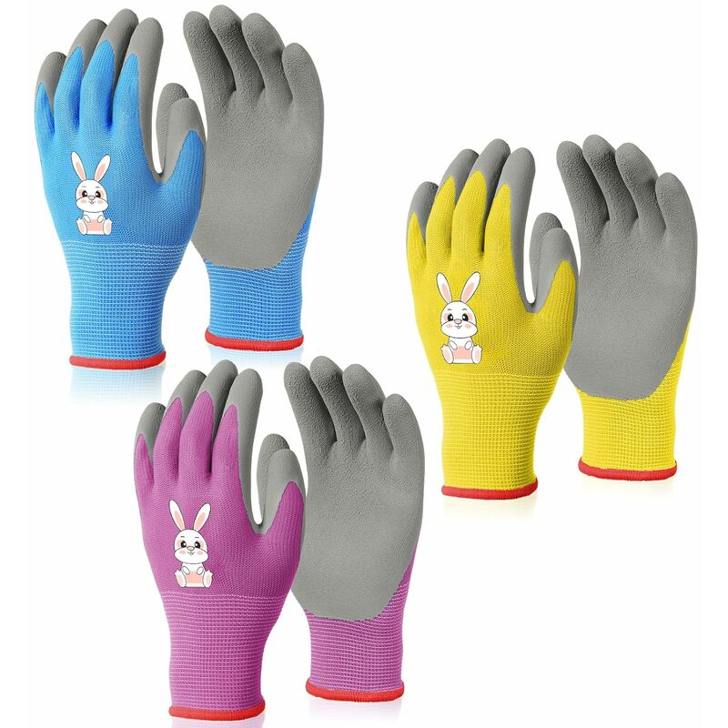 Linghhang - 3 paires de gants de jardinage de sécurité pour enfants de 8 à 11 ans, paume en caoutchouc imperméable et résistante aux taches pour