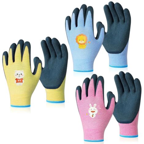 3 Paires Gants de Jardinage pour Enfants de 8 à 12 Ans, Gants de Travail pour Enfants avec Revêtement en Latex Antidérapant, pour Filles, Garçons, Camping, Jardinage(Style A)