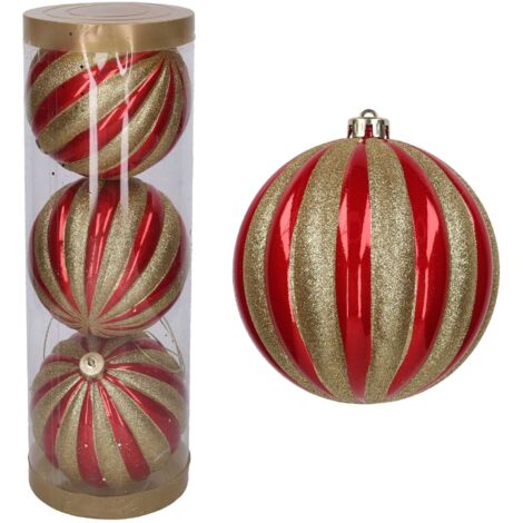 3 Palline con Strisce glitter D.15 cm Rosso/Oro