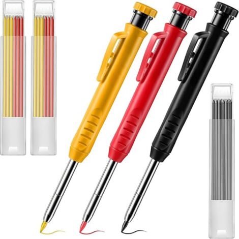 3 Paquets Crayons de Charpentier avec 21 Recharges et Taille-Crayon Intégré, Marqueurs à Crayon Mécaniques à Long Nez et Trou Profond, (Couverture Jaune, Rouge, Noire)