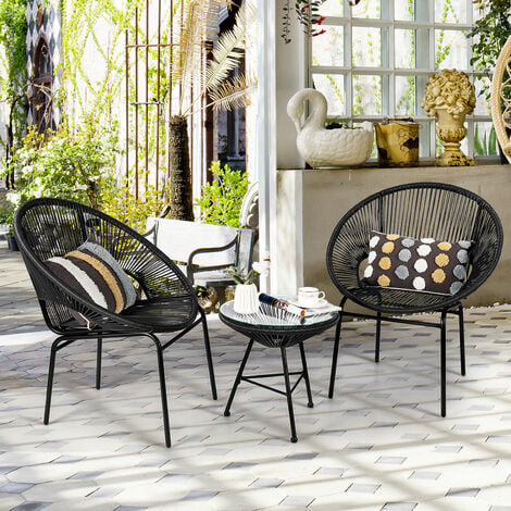 3-pc Patio Furniture Set Outdoor PE Rattan Woven Chairs w/Tempered Glass Table