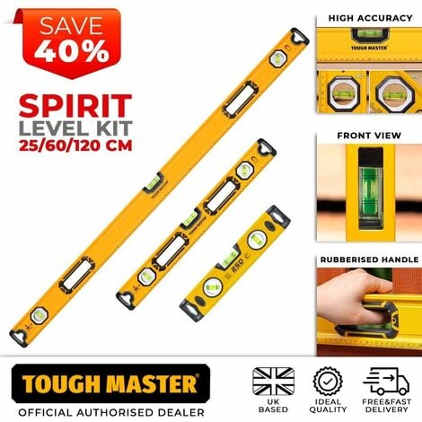 TOUGH MASTER 3 Pc Spirit Level Set 250mm 600mm 1200mm Magnetic High Accuracy Front View Vial