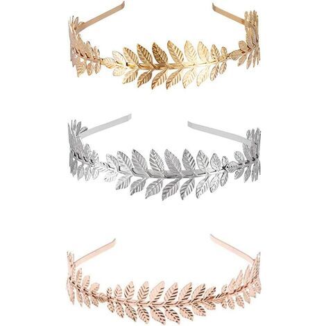 3 PCS Accessoire Cheveux Mariage,Bandeau Cheveux de Feuille,Couronne de laurier,Bandeau Feuille Serre Tête Romaine Cheveux Décoration Grecque Mariage Fête Soirée pour Femme Fille(Or,argent,Or Rose)