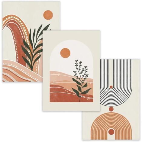 3 Pcs Art Mural Abstrait Botanique Boho, Tableau Décoration Murale Géométrique Végétale, Affiches Murale Vert Sauge et Orange pour Chambre Salon Salle de Bain 15x20 cm Sans Cadre