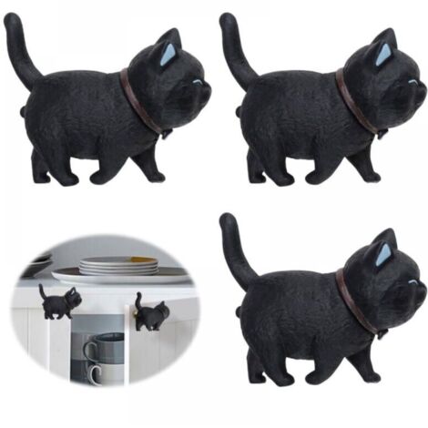 (3 Pcs) Black Cat Shape Soft Rubber PVC Door Knob Furniture Handle Rotatable Cat Head Suitable for Cabinets Drawers Children's Rooms
