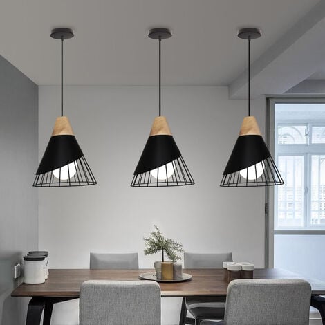 WOTTES 3 Pcs Ceiling Pendant Light Badminton Hanging Lamp Shape Black Metal Wooden Chandelier