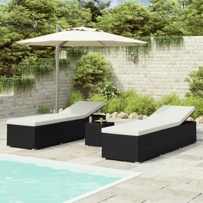 3 pcs Chaises longues de jardin,Bain de soleil,Transat de jardin table à thé Résine tressée Noir CFW87479