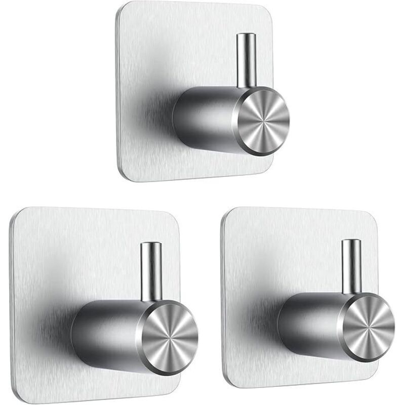 3 Pcs Crochet Adhésif 3M, Crochet Mural de Salle de Bains, Sans Perçage Porte Serviette, Acier Inox Accroche Torchon Cuisine, Argent