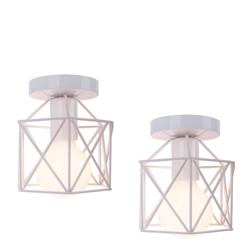 Plafonnier Industrielle Vintage Lampe de Plafond Cage en Métal Suspension Luminaire E27 Blanc Ø15CM pour Salon Chambre Café Bar - 2Pcs