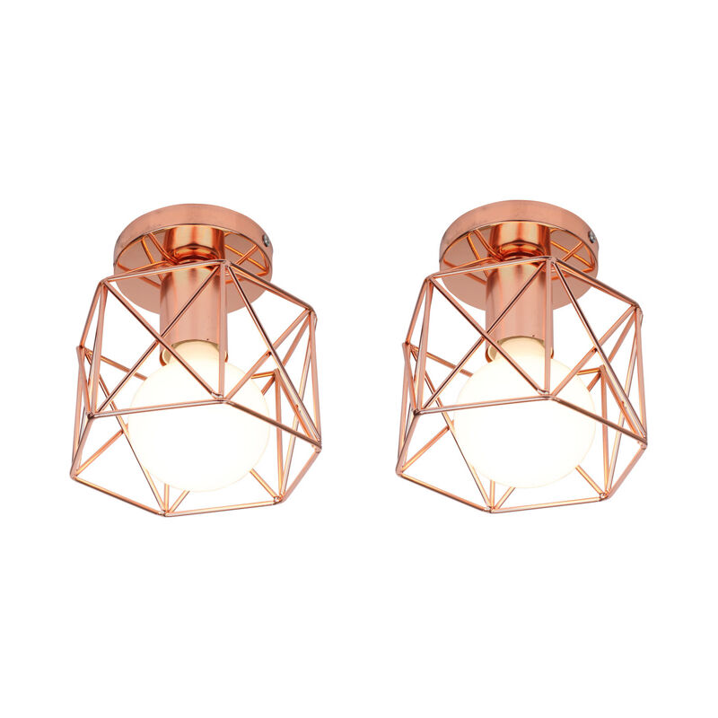 Plafonnier Industrielle Vintage Lampe de Plafond Cage en Métal Suspension Luminaire E27 Rose Ø15CM pour Salon Chambre Café Bar - 2Pcs