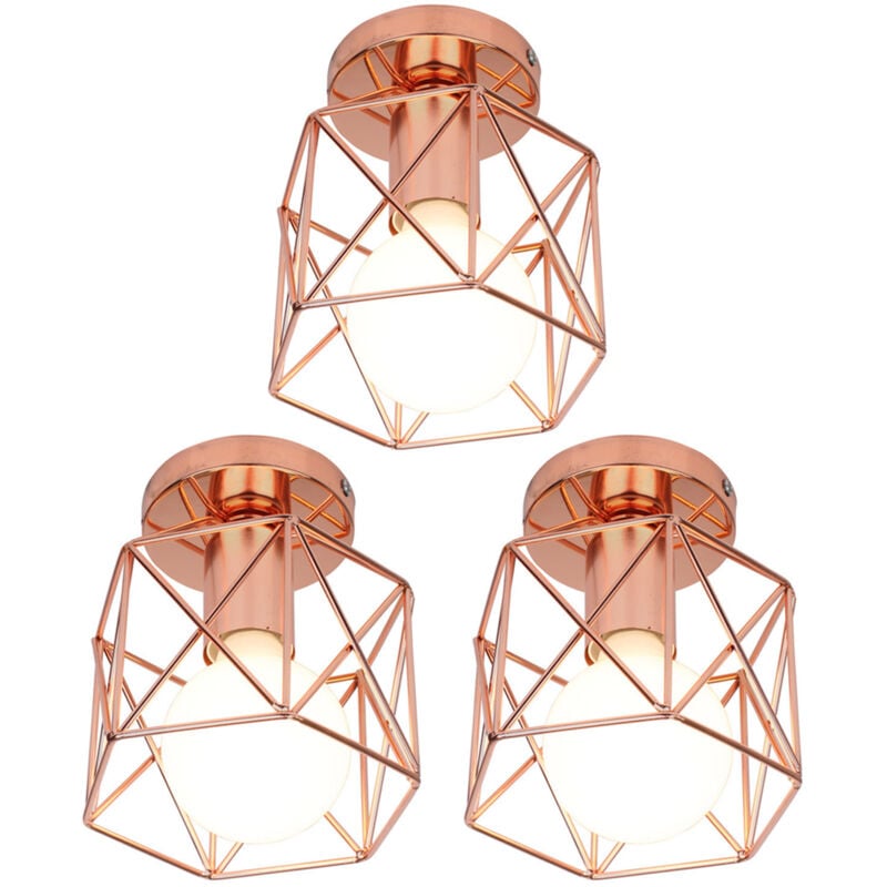 Plafonnier Industrielle Vintage Lampe de Plafond Cage en Métal Suspension Luminaire E27 Rose Ø15CM pour Salon Chambre Café Bar - 3Pcs