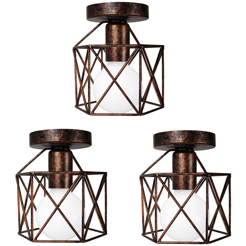 Wottes - 3 PCS Edison Ceiling Light E27 Personality Retro Metal Creative Cage Ceiling Lamp Cafe Bar Rust - Rust