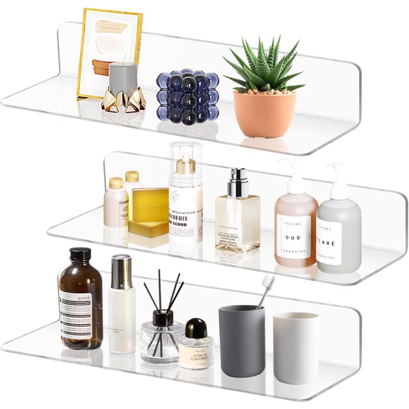 3 Pcs Étagère Decoration Transparent Étagère Murale Flottante Étagère Rangement Murale Étagères sans Percage Petite Étagère Flottante en Acrylique