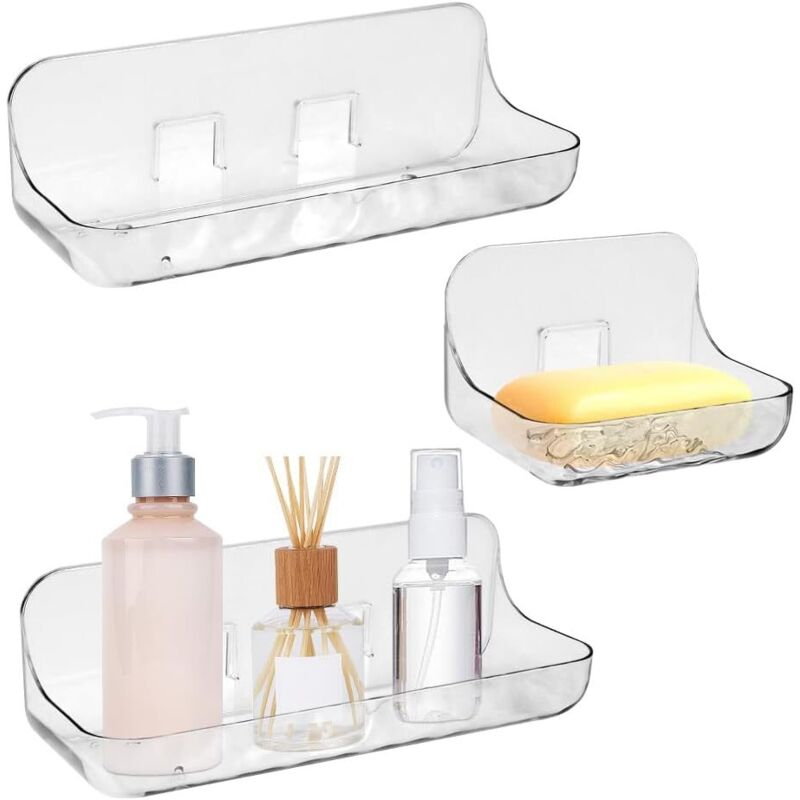 3 Pcs Etagère sans Perçage en Plastique, Support de Douche Transparent Adhésive, Tablette Salle de Bain, Rangement Salle de Bain sans Percage, 2