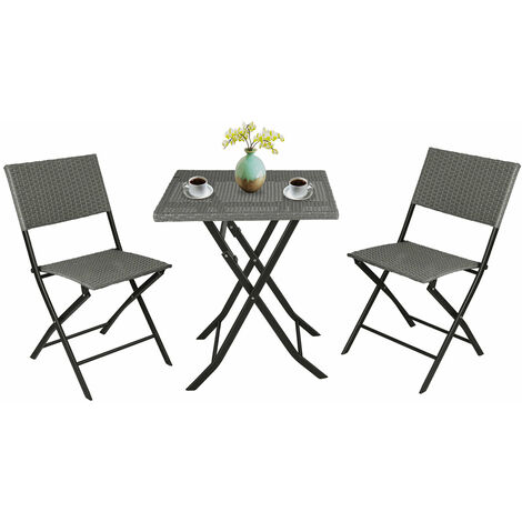 3 PCS Foldable Bistro Set Rattan Furniture Outdoor Garden Table and Chairs Grey