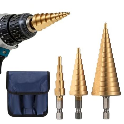 3 Pcs Foret Étagé HSS avec Poinçon de Centre Automatique, Meche Etage Triangle Conique Coupeur Trou Peu Cône Enduit pour Metal, Acier, Bois - 4mm-12/20/32mm
