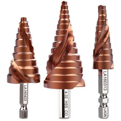 – 3 Pcs Forets Etagés avec Tige Hexagone 3-13mm/4-22mm/4-32mm, Triangle Conique Titane, HSS-CO M35, outil électrique, rainuré en spirale, foret étagé en acier et métal