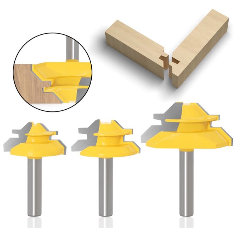 3 pcs Fraise à Rainurer à 45 Degrés (Tige de 8mm) - Outil de Routeur à Verrouillage Mitre