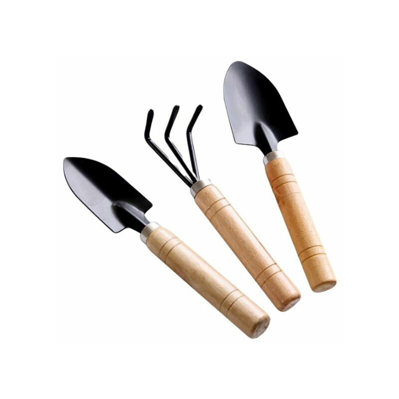 3 Pcs Mini Outils de Jardin, Ensemble de Petits râteaux et Pelle, Petite Pelle Râteau et Bêche Manche en Bois pour Plantes en Pot pour Jardin Plantes