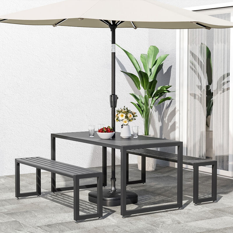 3 Pcs Modern Outdoor Garden Dining Table And Bench Set, Grey