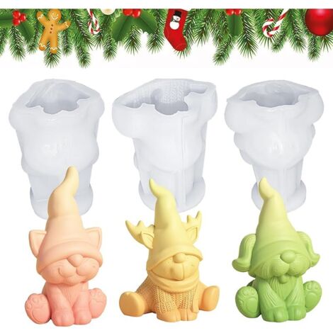 3 PCS Moule 3D Silicone Noel, Moules à bougies de Noël, Moules en Silicone pour Gnome de Noël, Moule à Bougie en DIY, Décoration De Noël