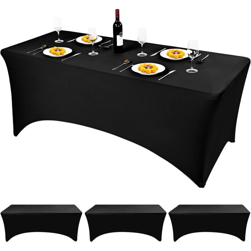 3 pcs Noir Spandex Table Cover, 6ft Polyester Nappe Rectangulaire Extensible Élastique Nappe De Table Serré Ajusté Cocktail Table Couverture pour