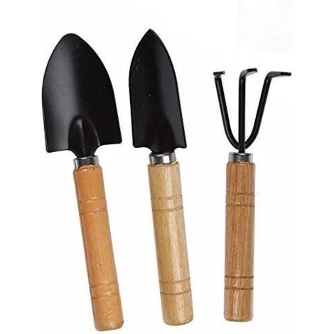 3 pcs Outils de Jardin, Petite Pelle Râteau et Bêche Manche en Bois pour Plantes en Pot, Outil de Sécurité