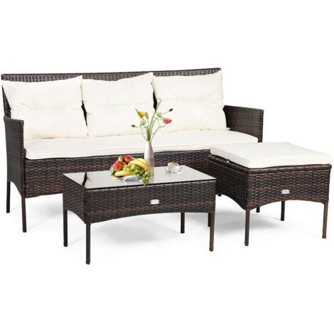 3 PCS Patio Conversation Set Outdoor PE Rattan Garden Furniture Set W/  Cushions