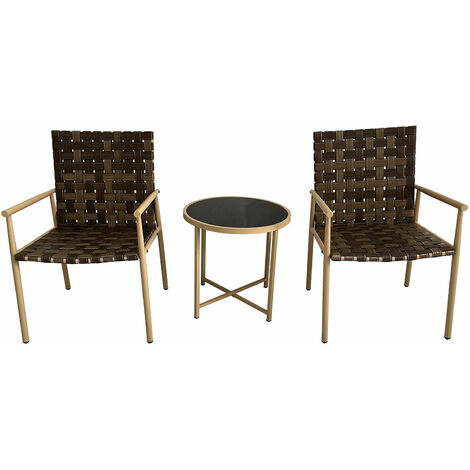3 PCS Patio Leather Effect Rattan Wicker Bistro Set with Table