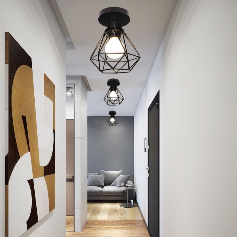 3 Pcs Plafonnier Industrielle Vintage Lampe de Plafond en Cage Diamant Luminaire Suspension en Métal E27 pour Couloir Escalier Chambre Noir