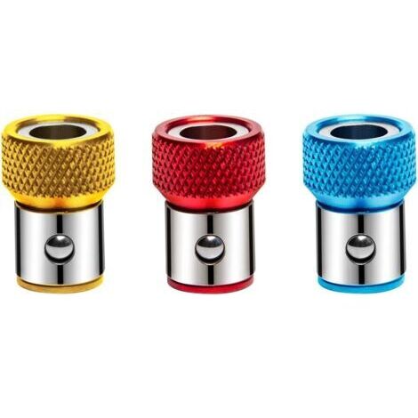 3 Pcs Porte-Vis Anneau Magnétiseur Universel Amovible Magnétique Alliage Antidérapant Tournevis Accessoires pour 1/4 Pouce Hex Tige Double Embouts de Tournevis, Rouge, Bleu et Jaune
