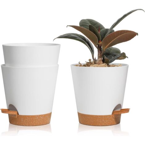 3 Pcs Pots de Fleurs en Plastique 14cm Blanc Auto-Arrosant avec Soucoupe avec Système d'arrosage Pot de Fleur Paresseux Convient aux Jardins de Balcon Intérieurs et Extérieurs