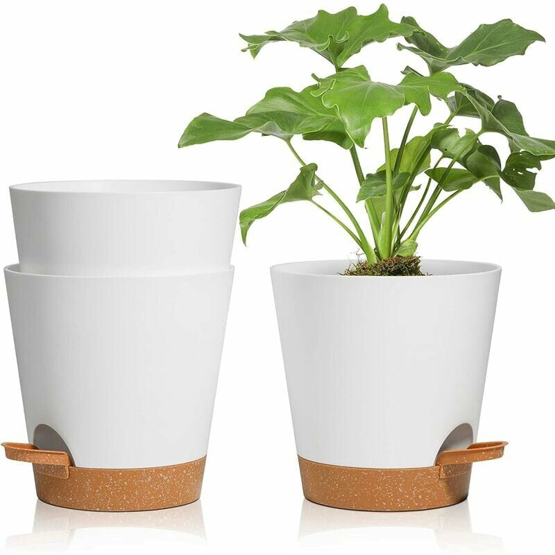 3 Pcs Pots de Fleurs en Plastique 16.5cm Blanc Auto-Arrosant avec Soucoupe avec Système d'arrosage Pot de Fleur Paresseux Convient aux Jardins de