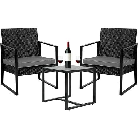 3 PCS Rattan Garden Furniture Set, Outdoor Rattan Wicker Bistro Set Garden table and Chairs with Coffee Table, Cushions and 2 Armchairs for Indoor Outdoor, Patio, Garden, Backyard (Black + Grey)