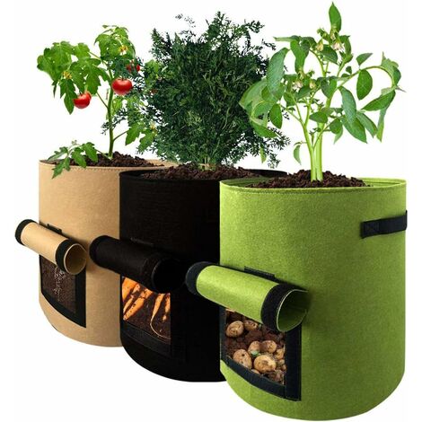 3 PCS Sacs de Plantation de Jardin Tissu Non-tissé 10 Gallons Sacs de Culture pour Pommes de Terre pour Patios Jardins Balcons Sun Room Cour (10 Gallons, Noir + Vert + Marron)